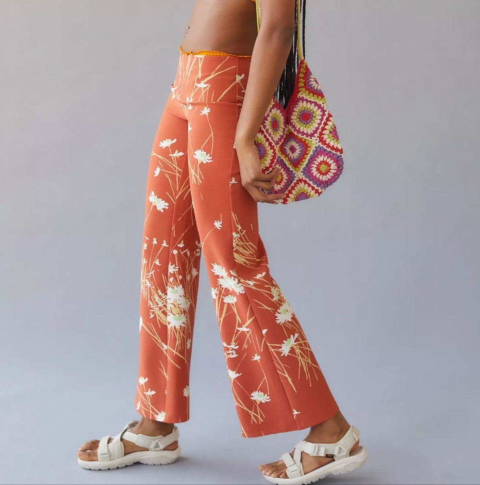 Urban Outfitters Y2K Style Low Rise Orange White Floral Flare Pants L - Picture 7 of 9